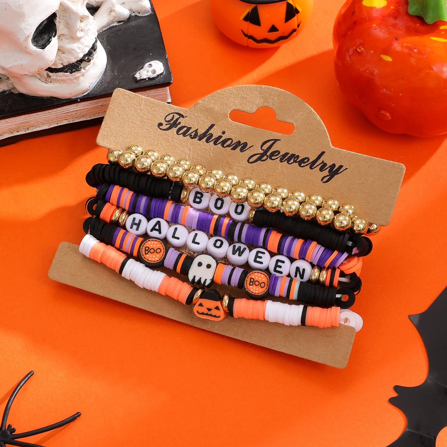 Wholesale  Skull Pumpkin Bracelet Set Soft Clay Gold Tone Handmade Fashion Accessory