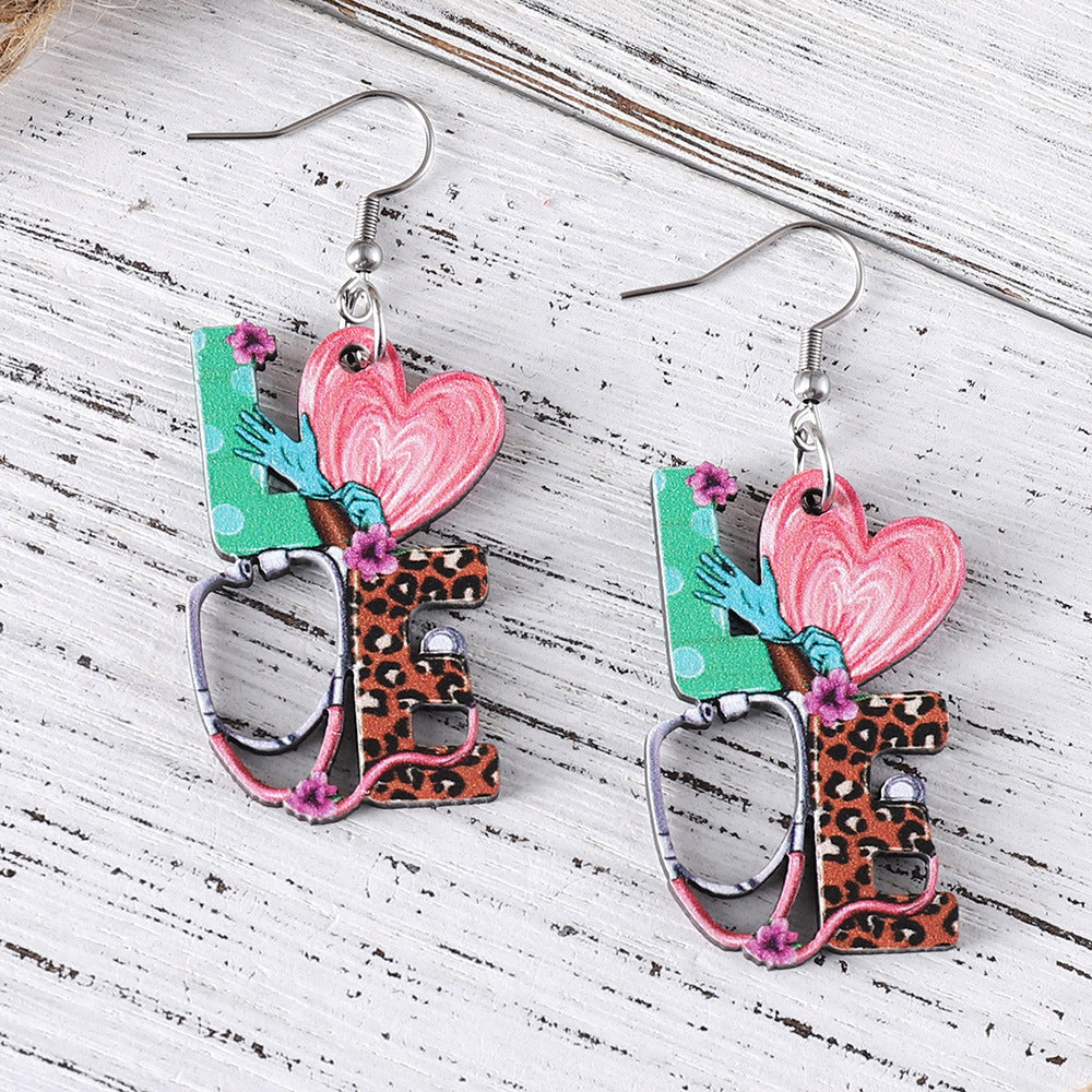 Wholesale Nurses'  Day " LOVE"  Stethoscope &  Heart-Shaped Leopard Print Dangle Earrings — Wooden Jewelry