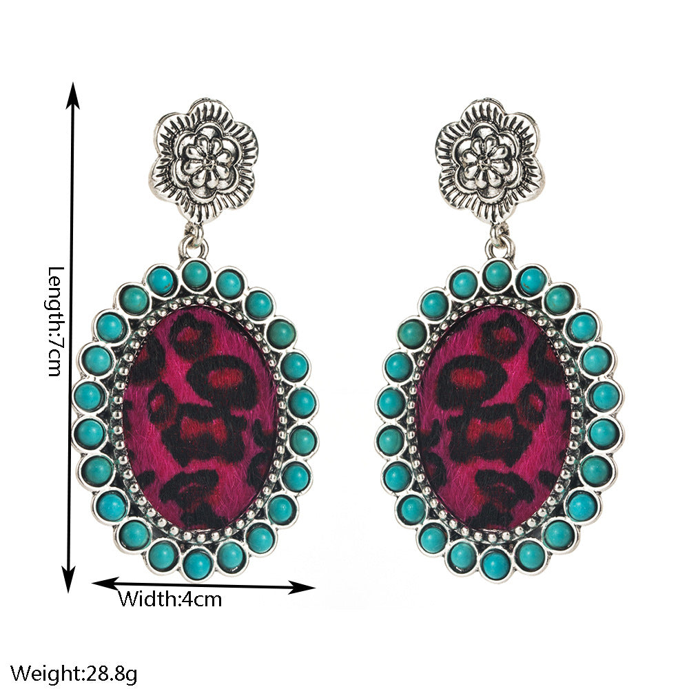 Wholesale Turquoise Leather Western Ethnic Earrings Vintage Court Style Boutique Resale