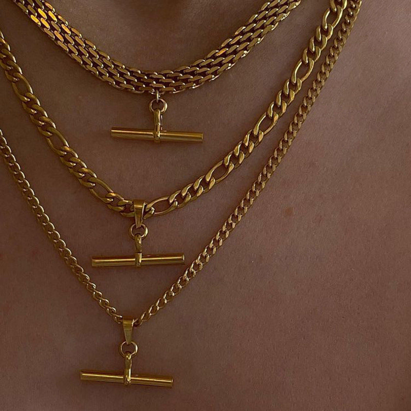 Wholesale 18K Gold Plated Stainless Steel Cuban Chain Necklace With T Bar Pendant Punk Hip Hop Style Jewelry For Everyday Wear