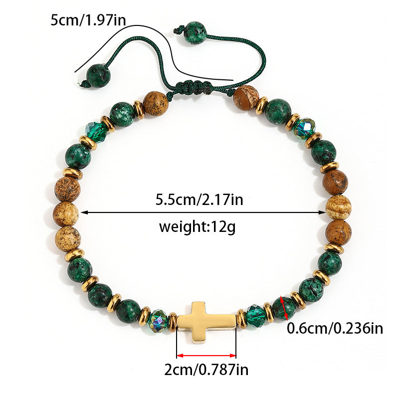 Wholesale Natural Stone Bracelet With Heart Cross Pendants Gold Stainless Steel Beaded Adjustable Unisex Jewelry