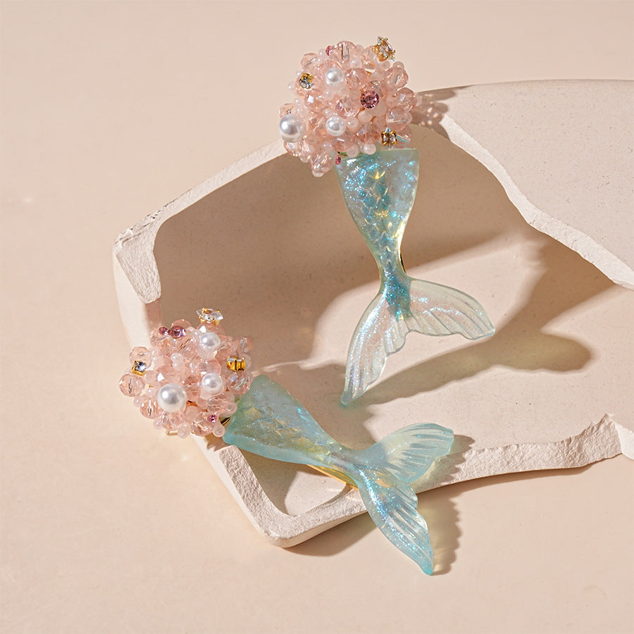Wholesale  Resin Flower Cluster Mermaid Fish Tail Silver Earrings