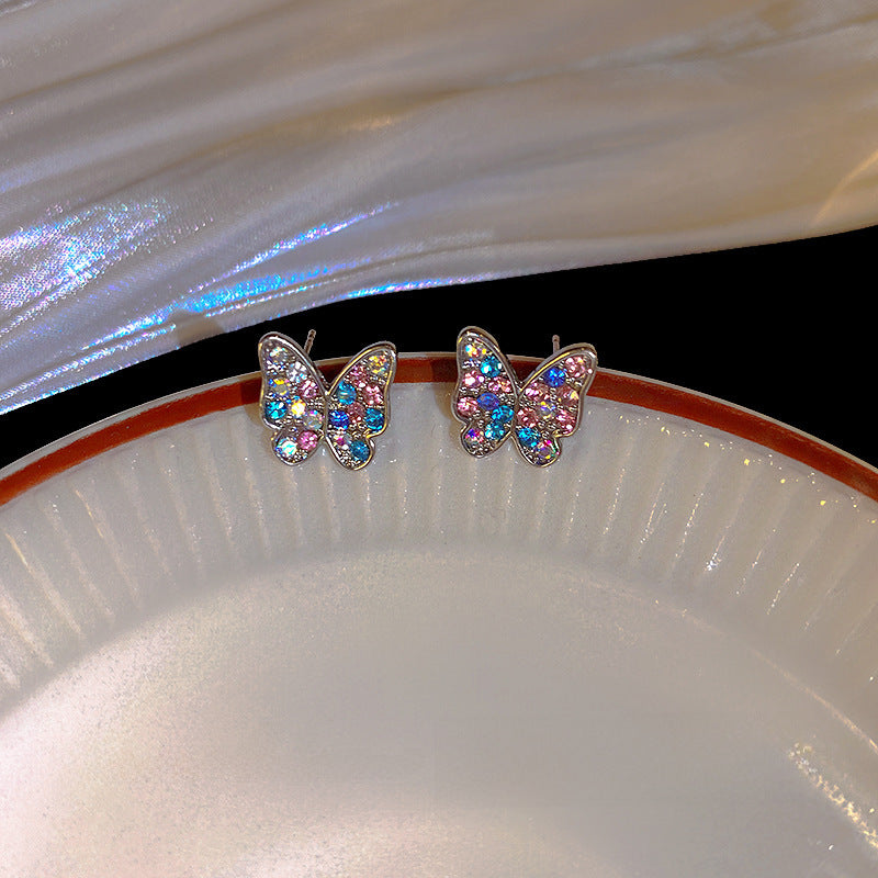 Wholesale 925 silver needle small simple colorful flash diamond butterfly earrings
