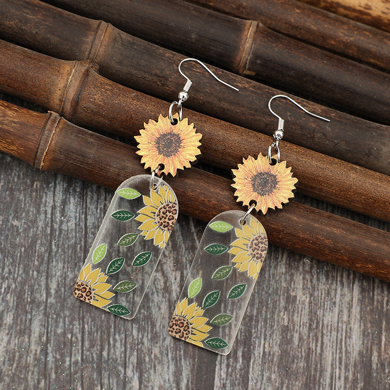 Wholesale Retro Style Geometric Acrylic Printed Flower Splicing Wooden Sunflower Earrings