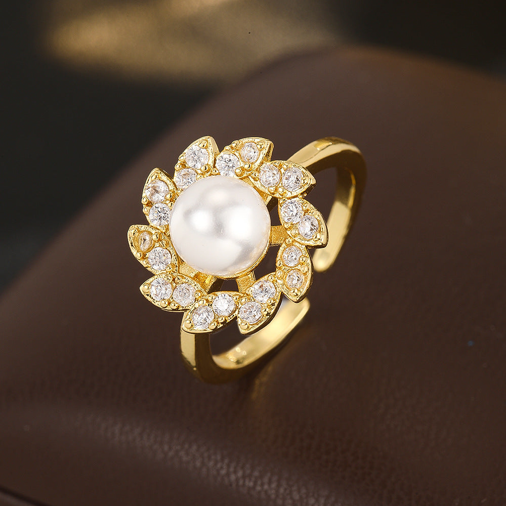 Wholesale Pearl Zircon Flower Open Ring Stylish Women S Gold Copper Fashion Jewelry Everyday Wear Accessory