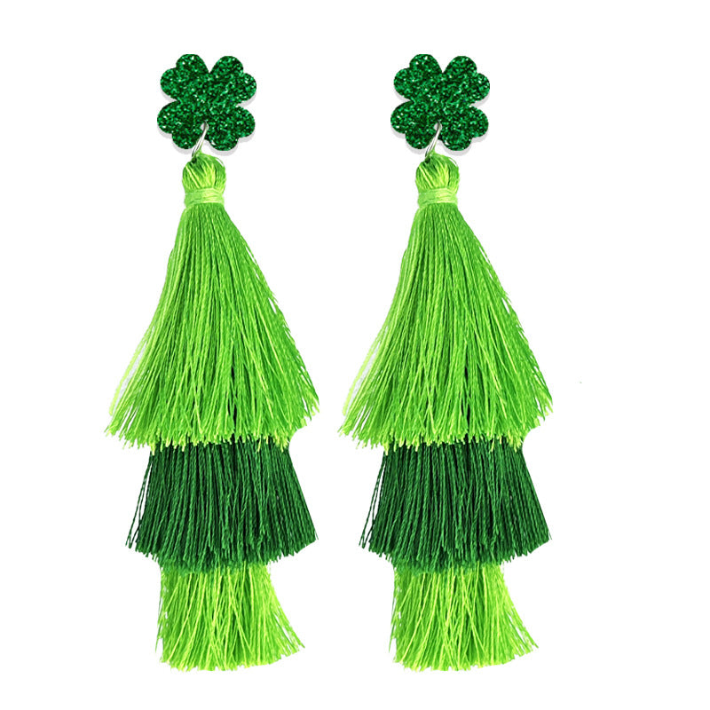 Wholesale 2 Pairs/pack St. Patrick Green Multi-layered Tassel Four-leaf Clover Earrings ACC-ES-HY211