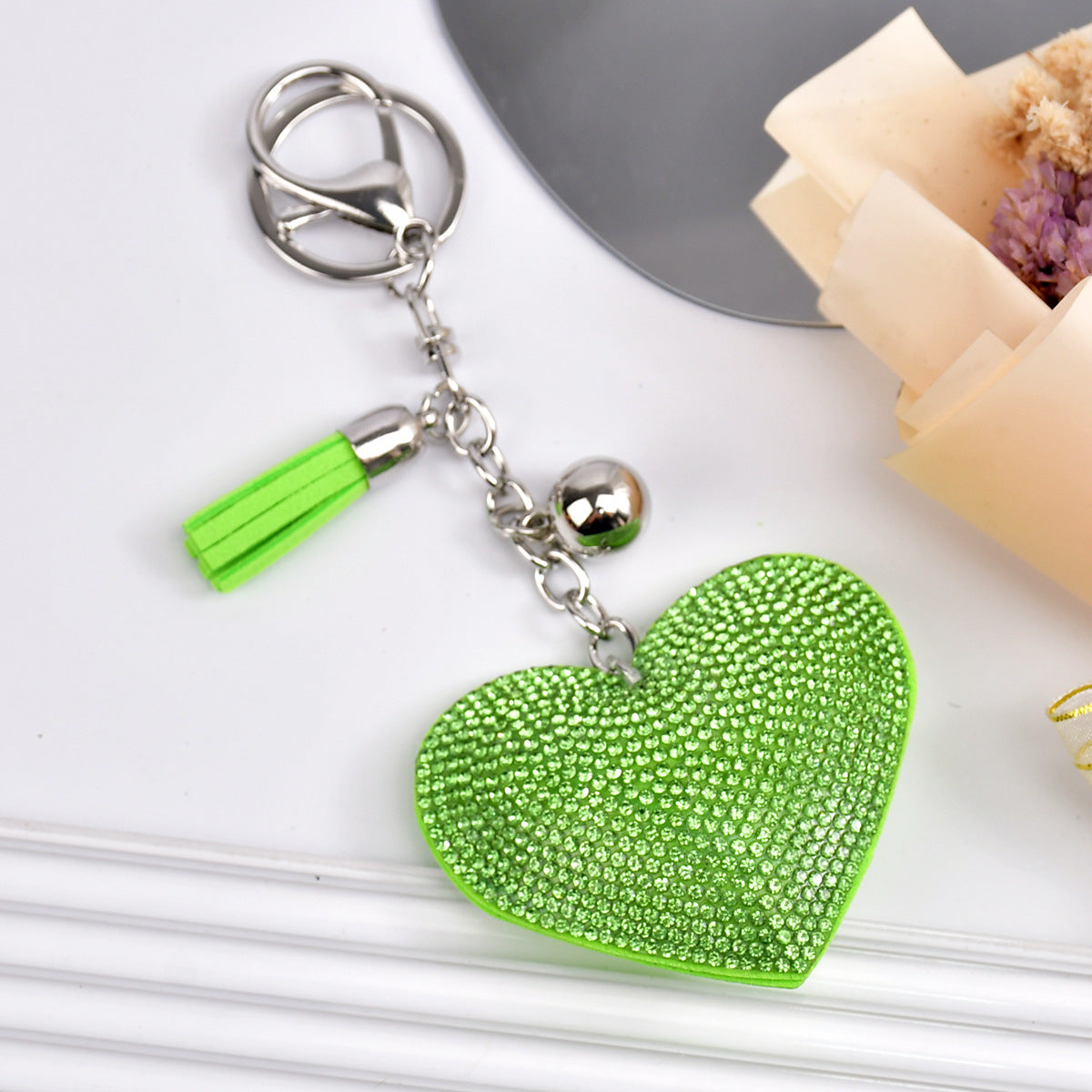 Wholesale  Peach Heart Rhinestone Leather Keychain