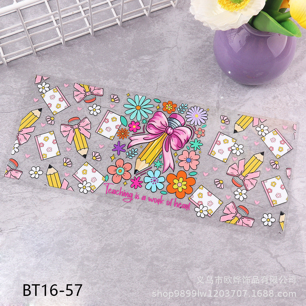 Wholesale Cartoon pencil medical UV transfer stickers crystal stickers tear film leave word crystal stickers 16oz glass stickers