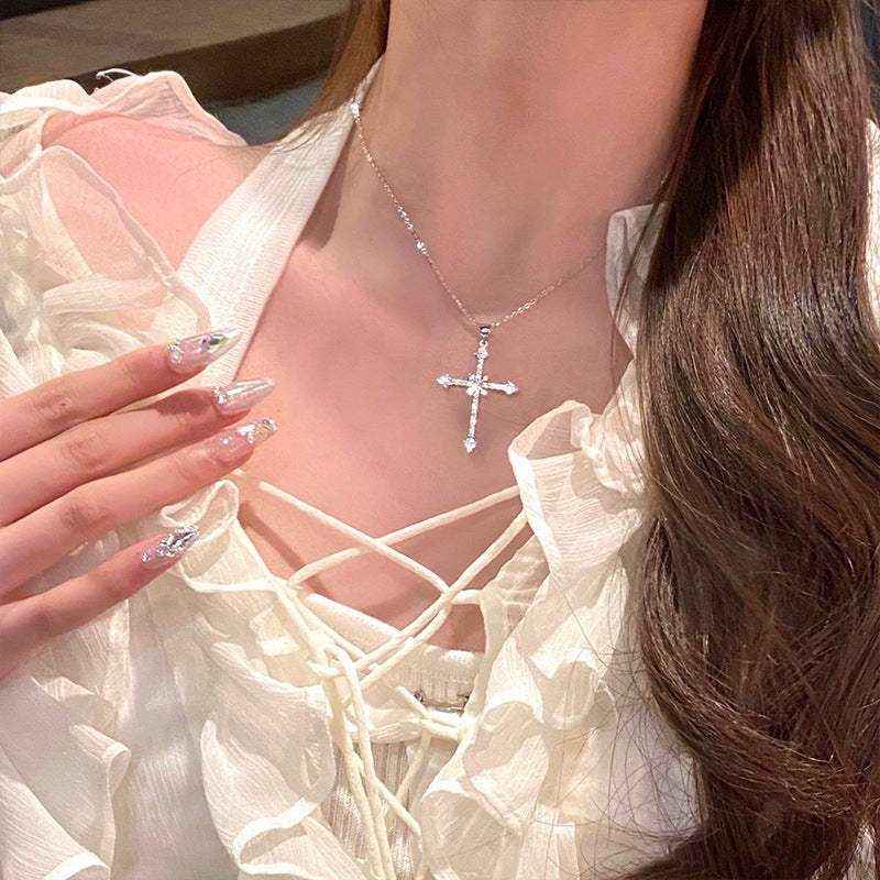 Wholesale Full Diamond Starburst Cross Necklace,  Cool and Sweet Zircon Sparkling Diamond Pendant,  Niche New Trendy Choker Style