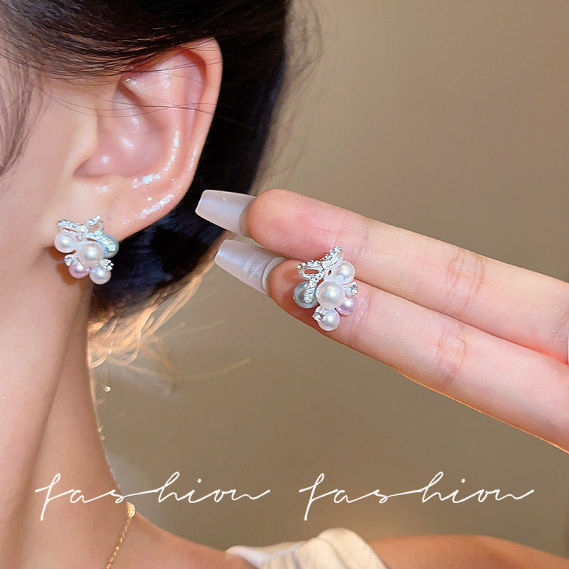 Wholesale Korean Style Colorful Pearl Grape Cluster Bow Earrings Summer Sweet Fashion Jewelry Accessory For Party Gift