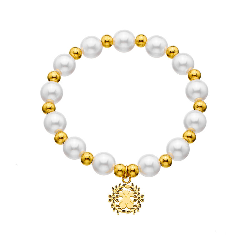 Wholesale 304 Stainless Steel Bracelet 10mm White Bead Oil Dropping Flat Flower Flower Bracelet