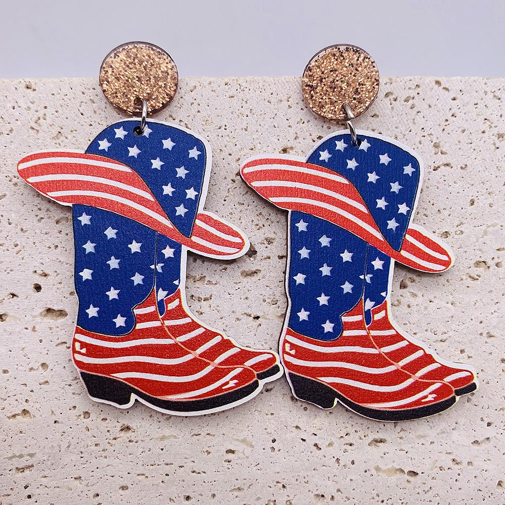 Wholesale American Flag Independence Day Butterfly Boots Sunflower Wooden Earrings ACC-ES-Cheny002