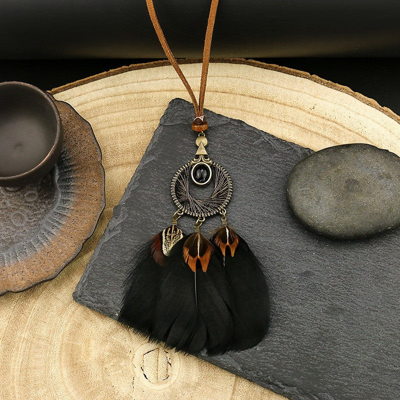 Wholesale Retro Feather Tassel Necklace Alloy Handmade Long Chain Layering Jewelry Fashion Accessory