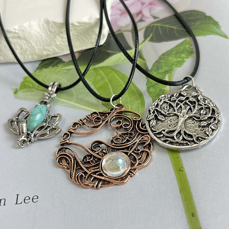 Wholesale Retro Tree Flower Pendant Necklace,  Turquoise Inlay,  Zinc Alloy,  Electroplated,  Boutique Resale Jewelry Accessory