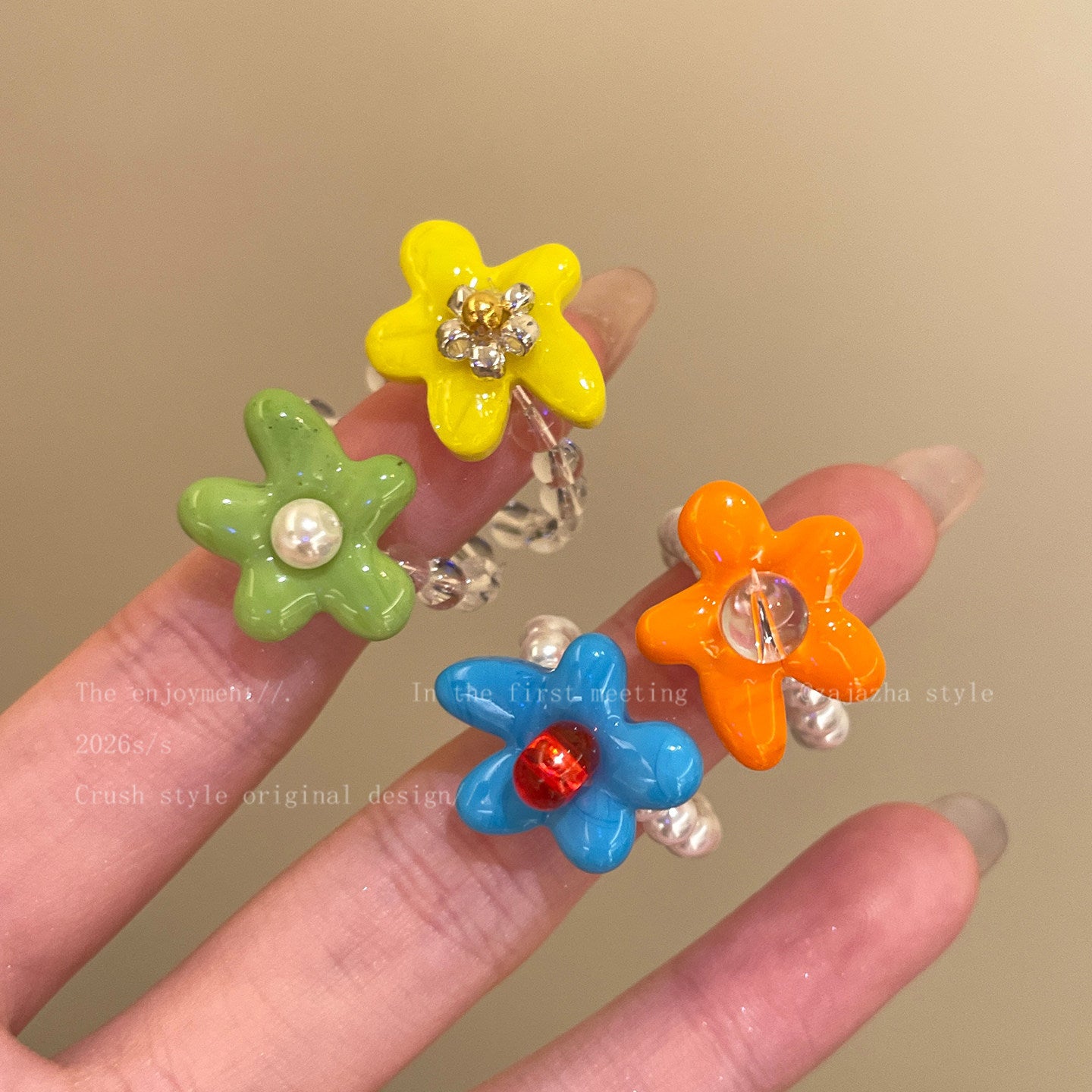 Wholesale Handmade Acrylic Flower Beaded Ring – Colorful Dopamine Summer Vacation Fashion Accessory for Women