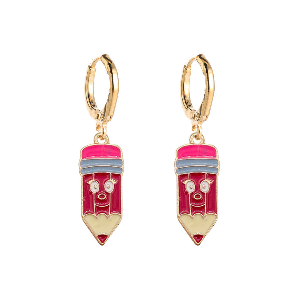 Wholesale  Teachers' Day Earrings Pencil Book Clock Alloy Oil Dropping Earrings