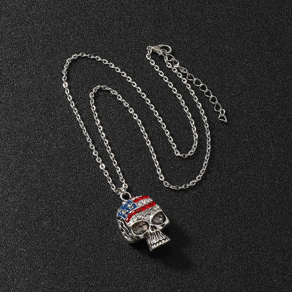 Wholesale Halloween jewelry  Independence Day diamond flag skull pendant necklace