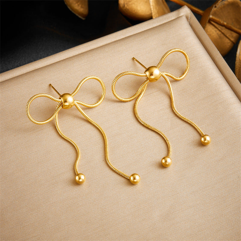 Wholesale Gold Plated Earrings Stainless Steel Earrings Beaded Bow Chain Earrings ACC-ES-QianYue001