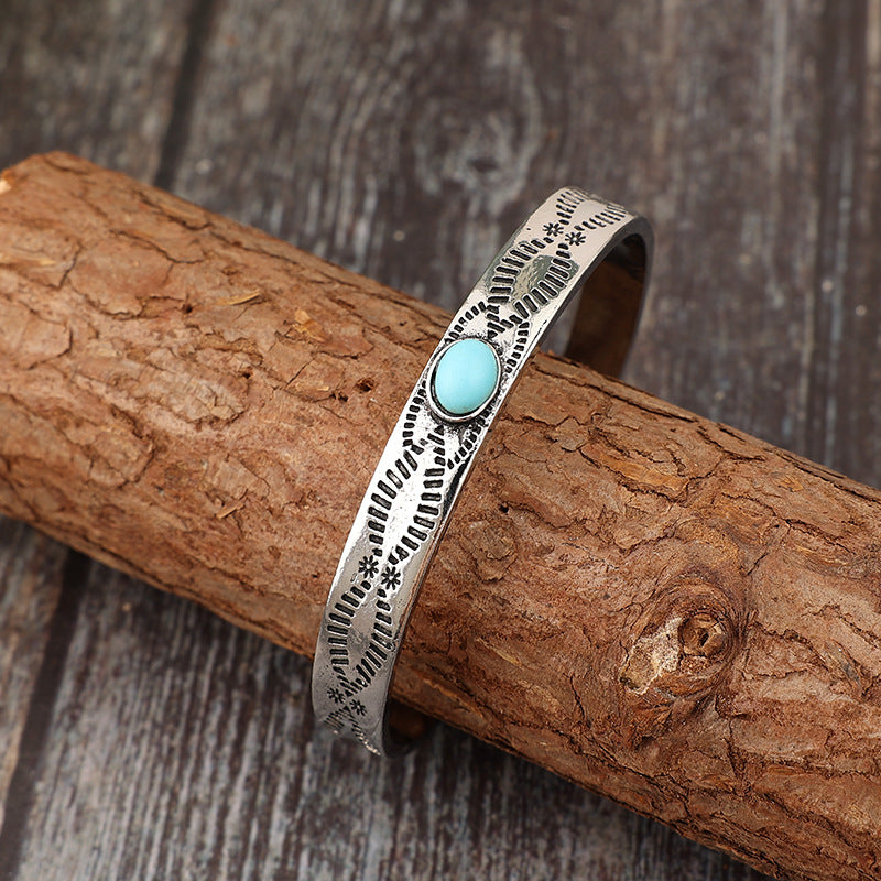 Wholesale Vintage Bohemian Turquoise Bangle Bracelet Antique Silver Tone Alloy Electroplated Jewelry Accessory