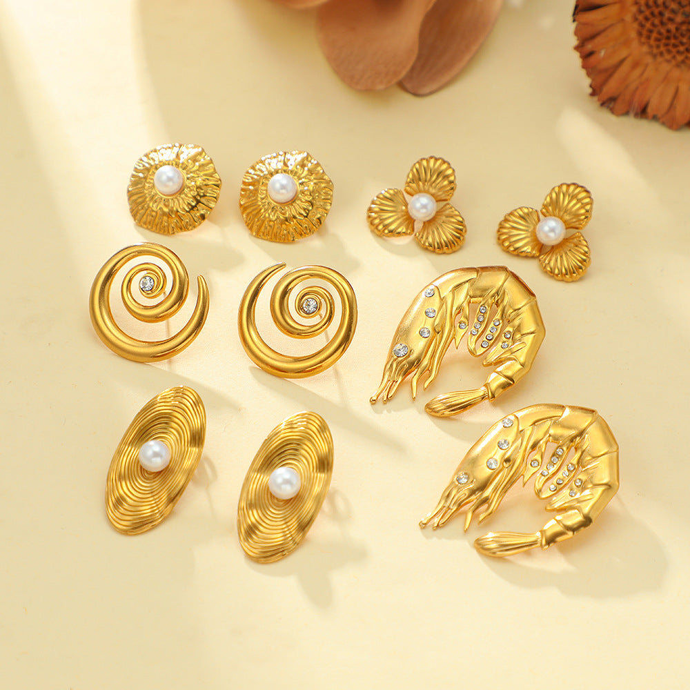 Wholesale Ocean Conch Rhinestone Pearl Earrings Stainless Steel Statement Ear Studs Fashion Accessory
