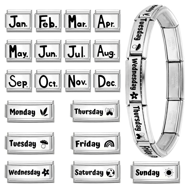 Wholesale Italian Calendar-Themed DIY Modular Bracelet Black White Stainless Steel for Jewelry Accessory Everyday Wear