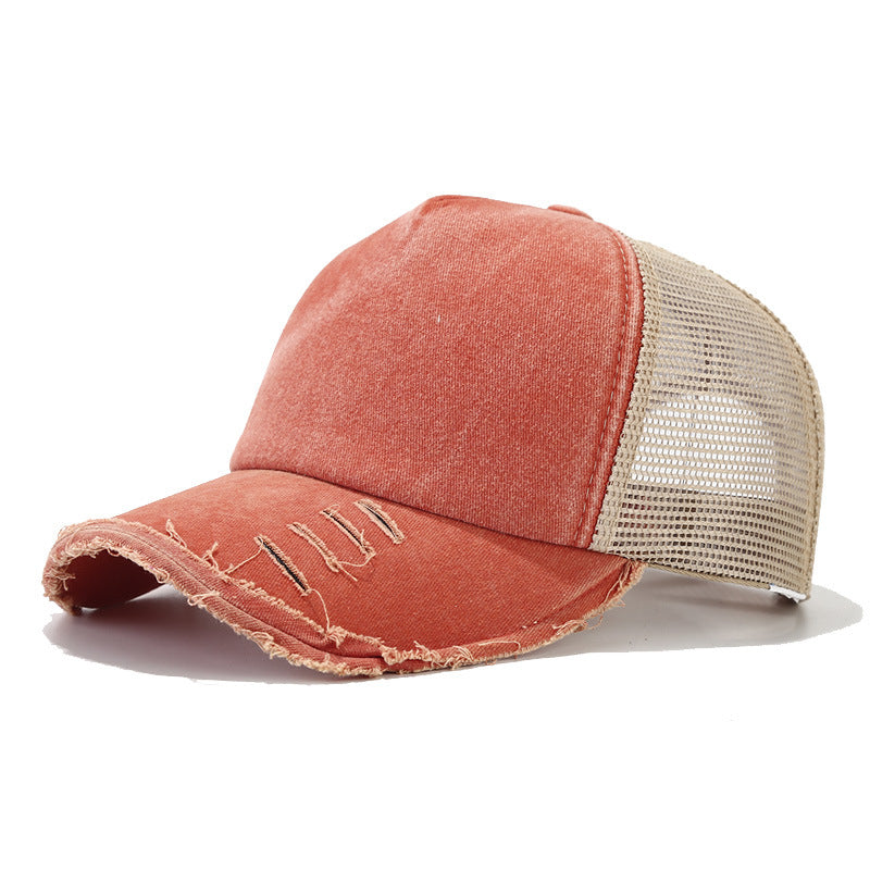 Wholesale Washed Cotton Mesh Cap with Distressed Sunshade Hole Baseball Cap Hat ACC-HT-NianKa003