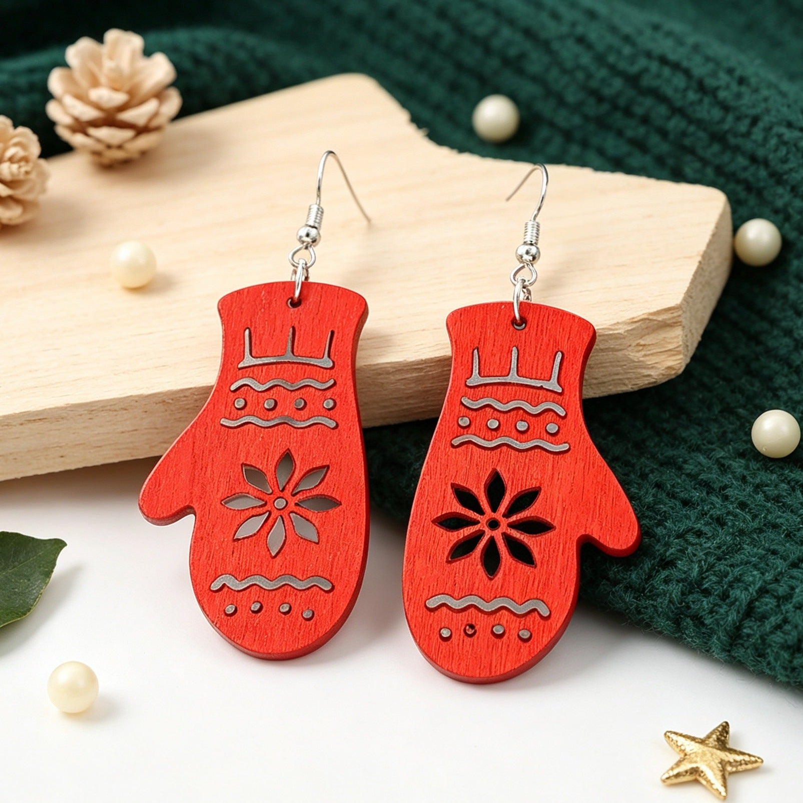 Wholesale Christmas Red Glove Print Wooden Earrings Hollow Design Gift Fashion Jewelry Accessory