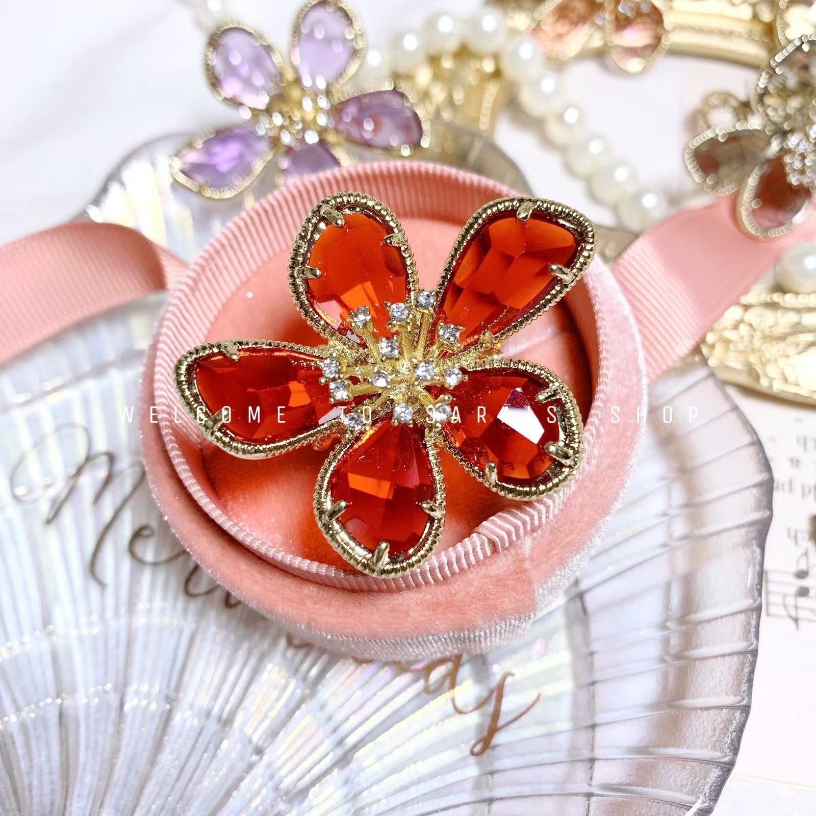 Wholesale European and American Style Crystal Flower Ring for Women,  Zinc Alloy Adjustable Open Ring for Index Finger,  Cross-Border Wholesale Starting from