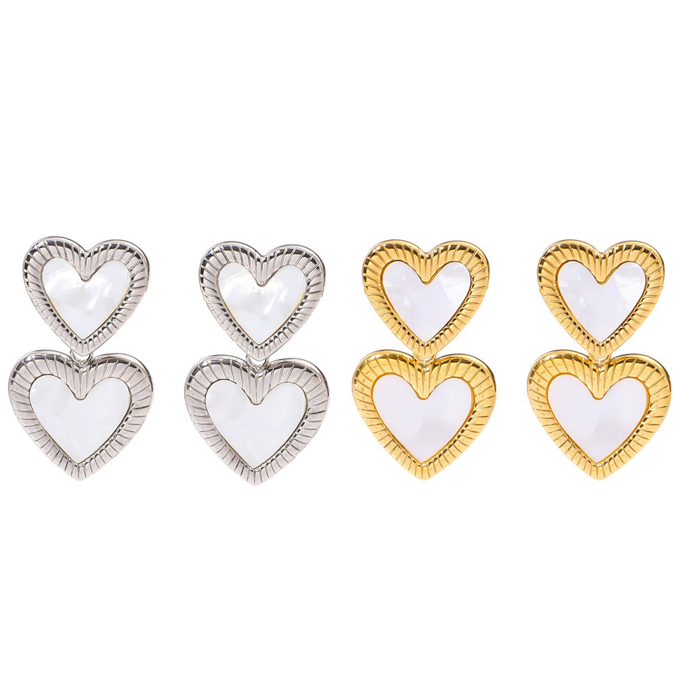 Wholesale love-shaped simple heart double-layer pendant white shell stainless steel earrings