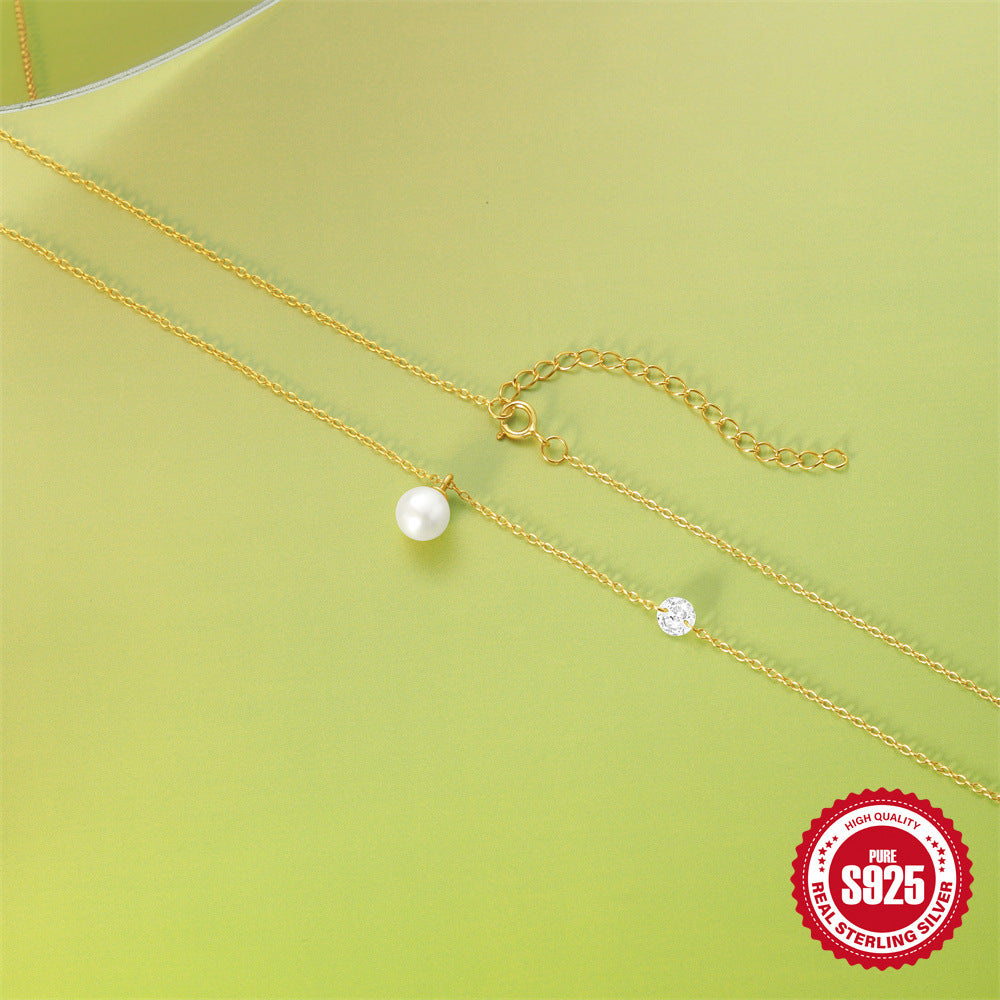 Wholesale S925 Sterling Silver Single Diamond Pearl  Clavicle Chain  Necklace