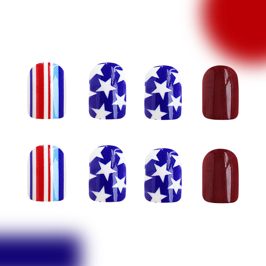 Wholesale 24 Pieces/box American Independence Day Short Glossy Five-pointed Star Manicure Press-on Nails Kits Nail Stickers ACC-NS-GuaiXL015