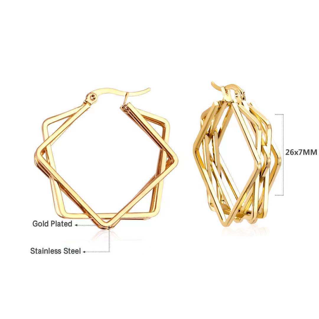Wholesale Geometric Multi-layer square gold 18K titanium steel earrings