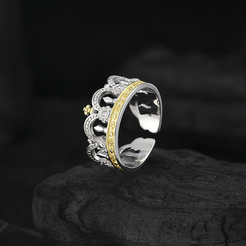 Wholesale 925 Sterling Silver Gold Heavy Industry Crown Open Ring