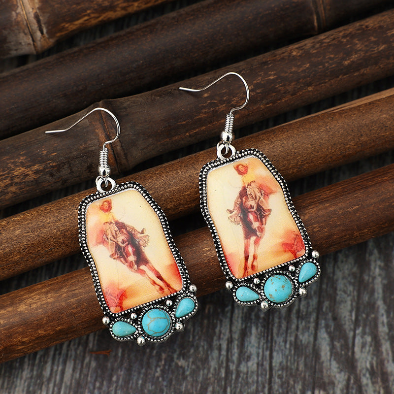 Wholesale Retro Geometric Animal Turquoise Alloy Earrings Bohemian Fashion Accessory Boutique Resale