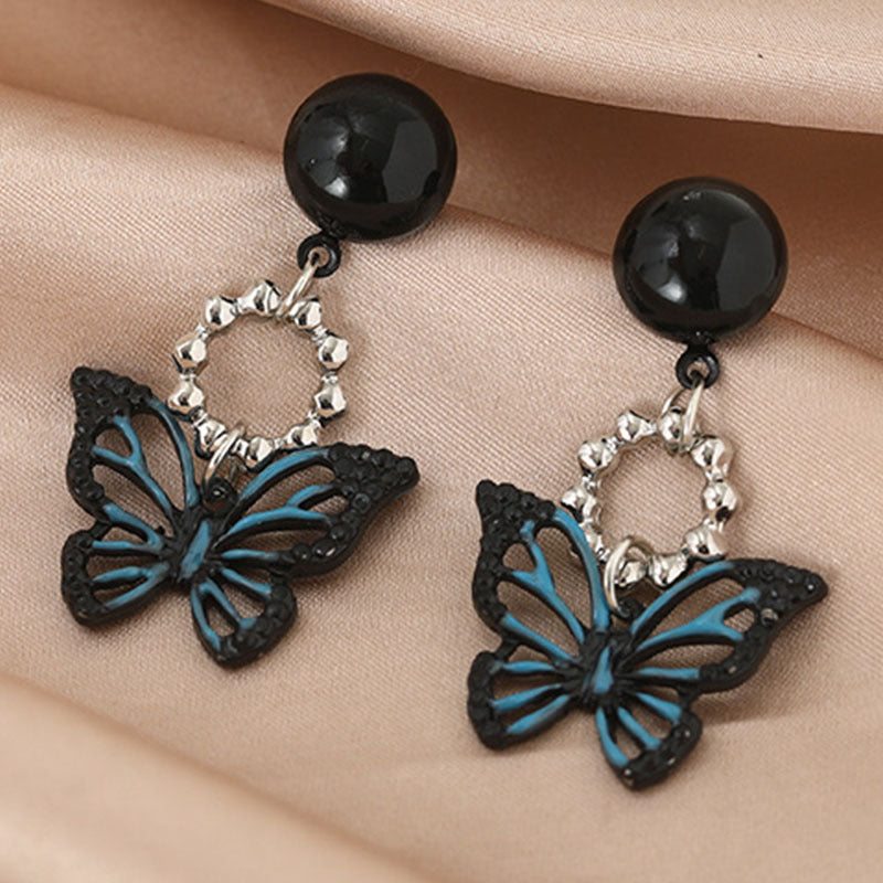 Wholesale Black Hollow Earrings Geometric Love Butterfly Painting Oil Blue Black Hollow Earrings