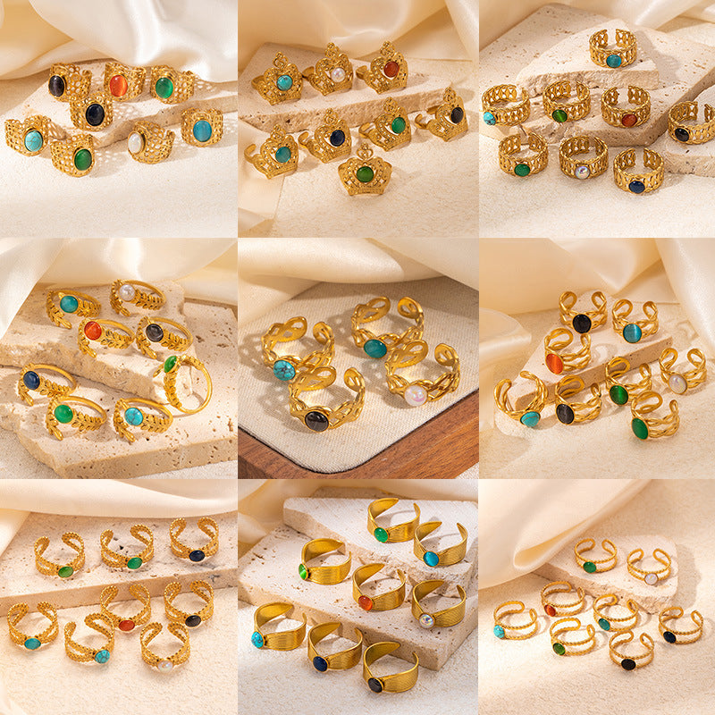 Wholesale Retro Adjustable Titanium Steel Ring with Multi-Color Natural Stone Jewelry Accessory