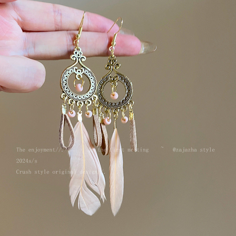 Wholesale Alloy Blue Feather Earrings,  Bohemian Tassel Jewelry Accessory for Beach Vacation