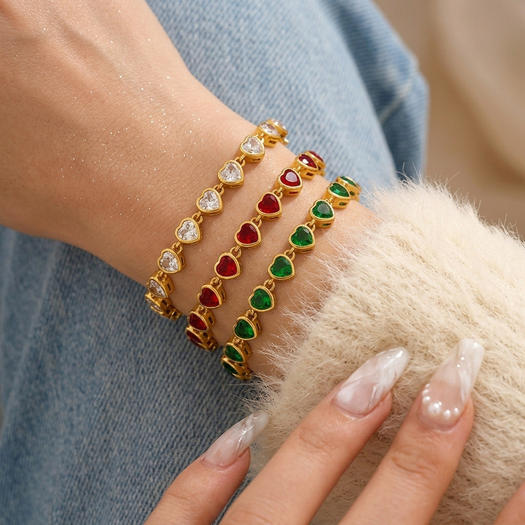 Wholesale Luxury Stainless Steel Colored Zircon Heart Bracelet