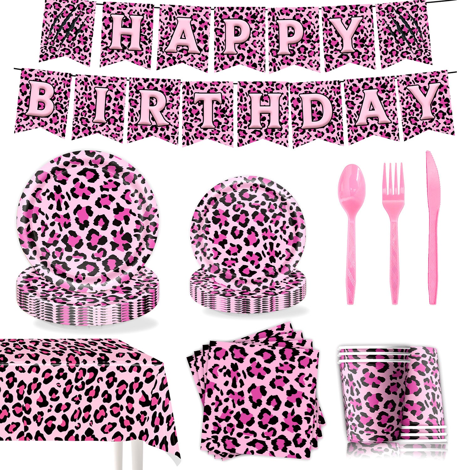 Wholesale Pink leopard theme birthday party tableware arrangement disposable paper towels and cups