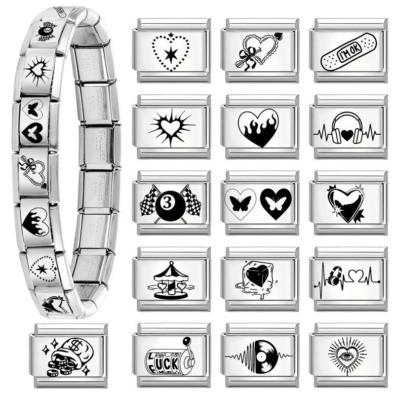 Wholesale 9mm Italian Charm Starter Bracelets DIY Black and White Heart Stainless Steel Composable Bracelet
