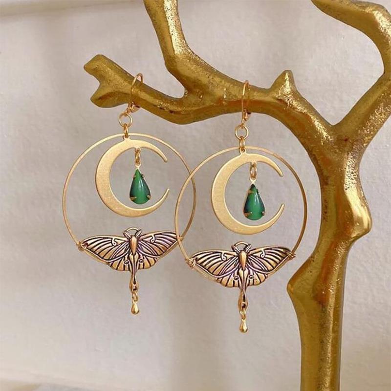 Wholesale Retro Crescent Moon Moth Tassel Drop Earrings for Women,  Gold Electroplated Alloy,  Stylish Party Jewelry Accessory