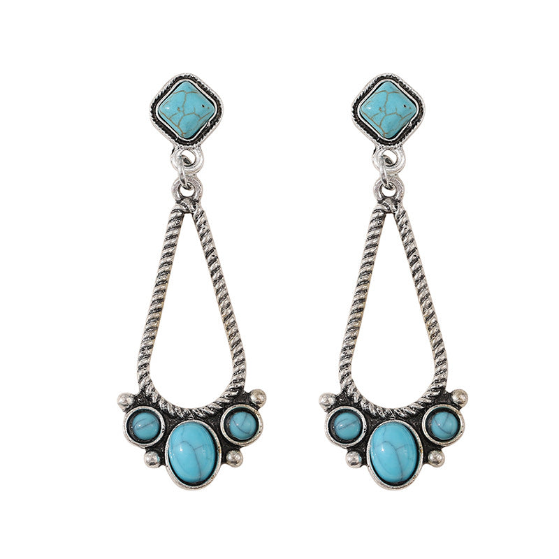 Wholesale Alloy Electroplated Geometric Hollow Earrings Retro Turquoise Bohemian Jewelry Accessory