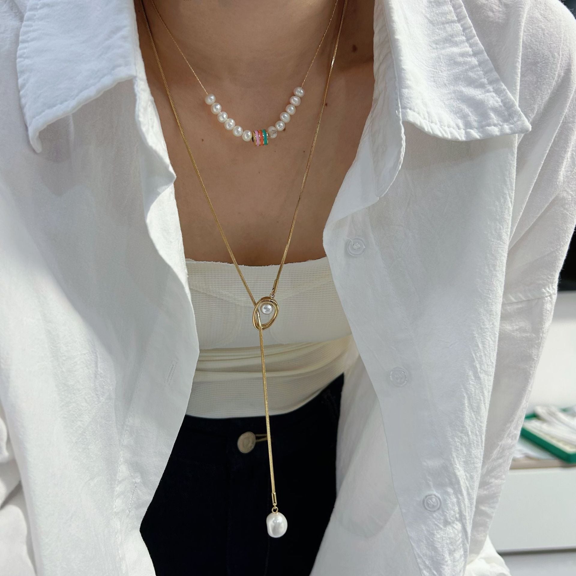 Wholesale Stainless Steel Handmade Natural Pearl Colorful Oil Drop Necklace