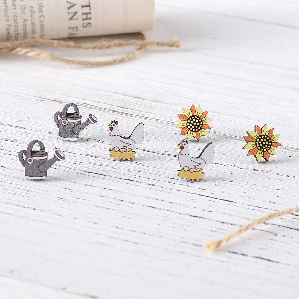 Wholesale cute chick sunflower watering can earrings set wooden earrings