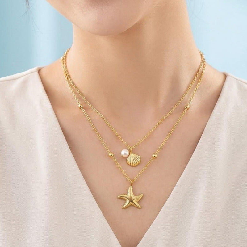 Wholesale Zinc Alloy Electroplated Double Layer Pearl Shell Necklace Summer Beach Vacation Style Fashion Accessory