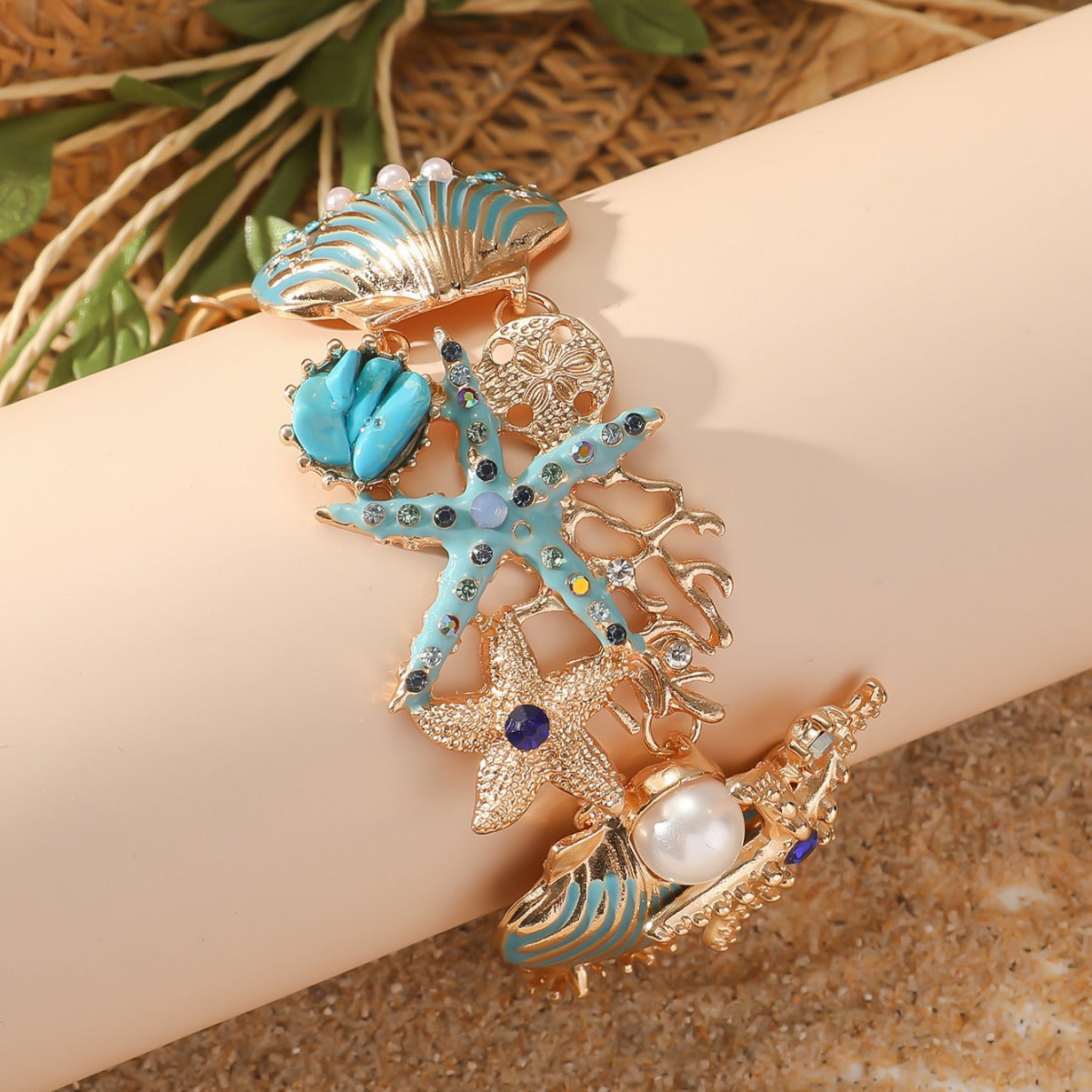 Wholesale Alloy Rhinestone Ocean Starfish Coral Shell Anchor Summer Bracelet