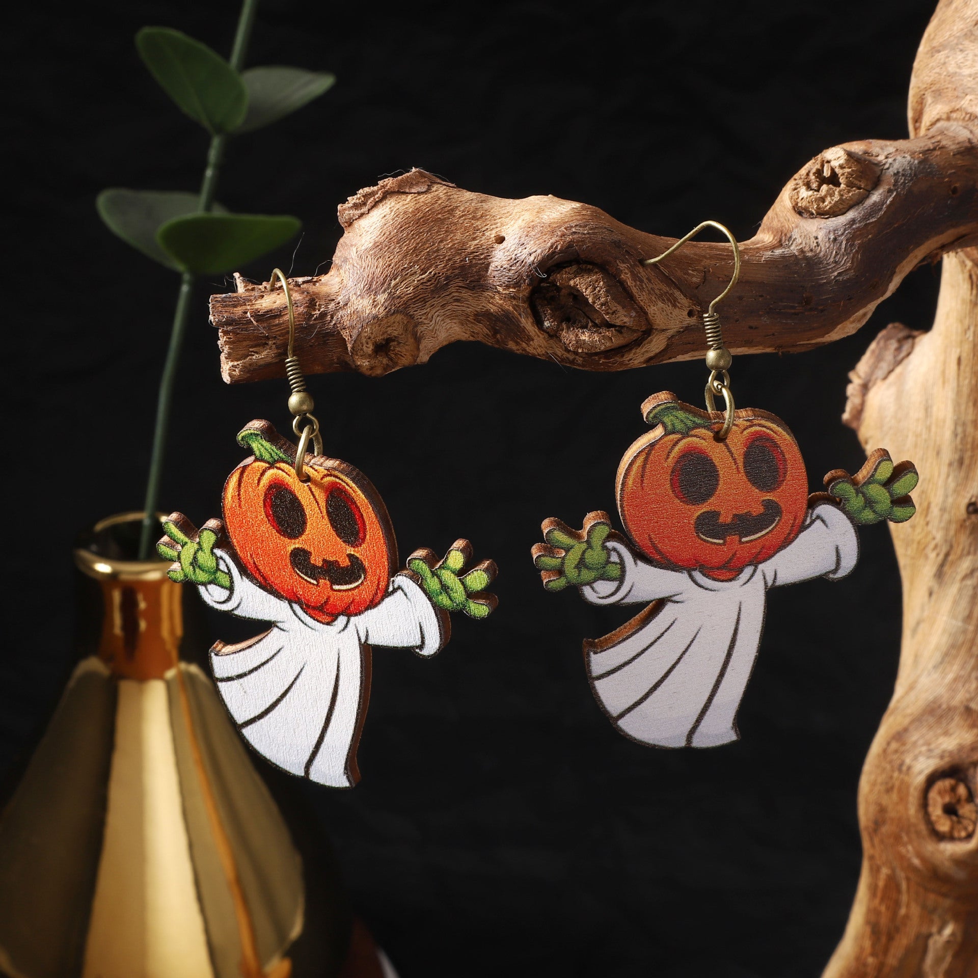 Wholesale  Wooden Printed Ghost Pumpkin Earrings