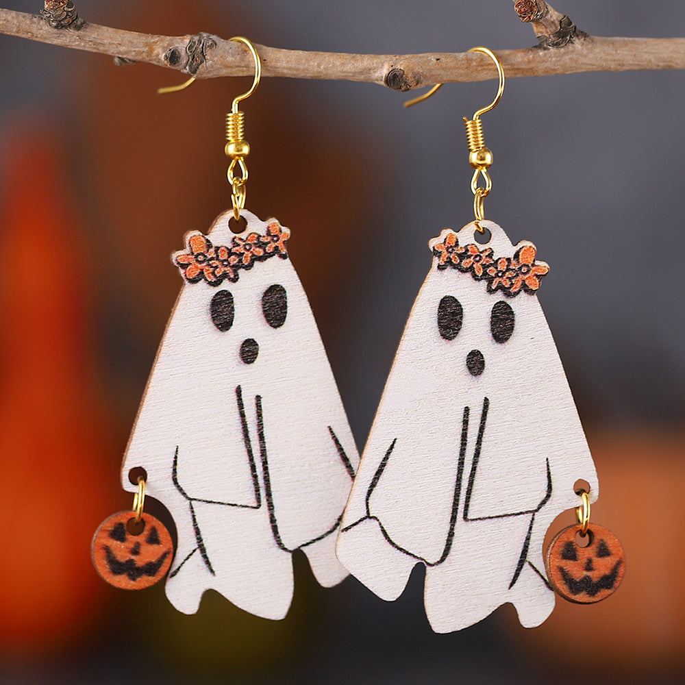 Wholesale Halloween Party Ghost Double Sided Wooden Earrings ACC-ES-ChuLian058