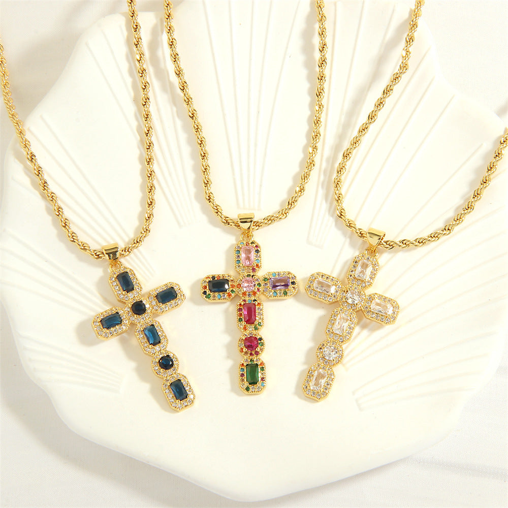 Wholesale Micro-inlaid colored zirconium cross necklace electroplated 18K gold clavicle chain jewelry
