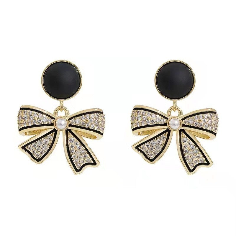 Wholesale Silver Needle Black Bow Rhinestone Earrings